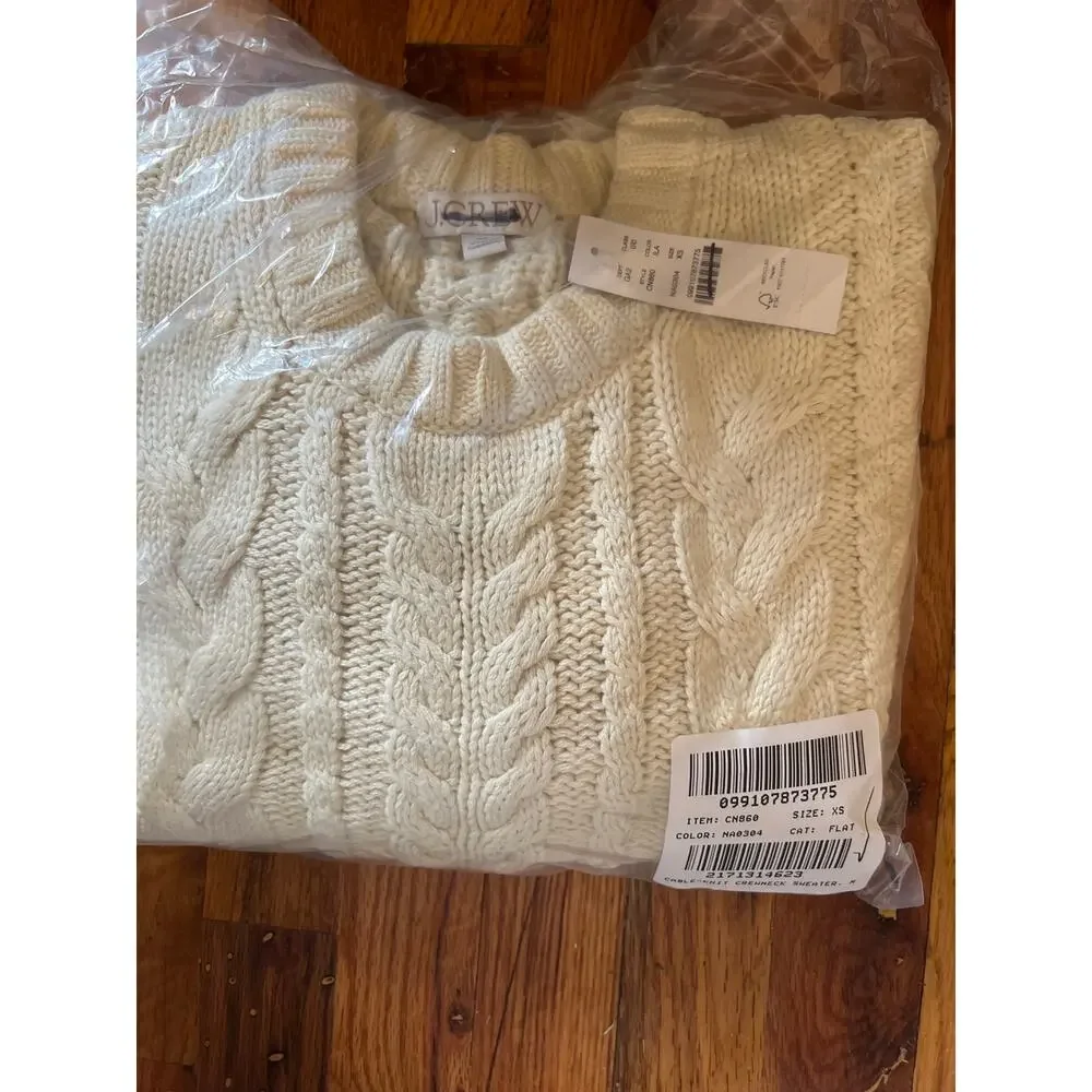 J. Crew Cable Knit Crewneck Sweater Ivory Lace Cream NWT size XS